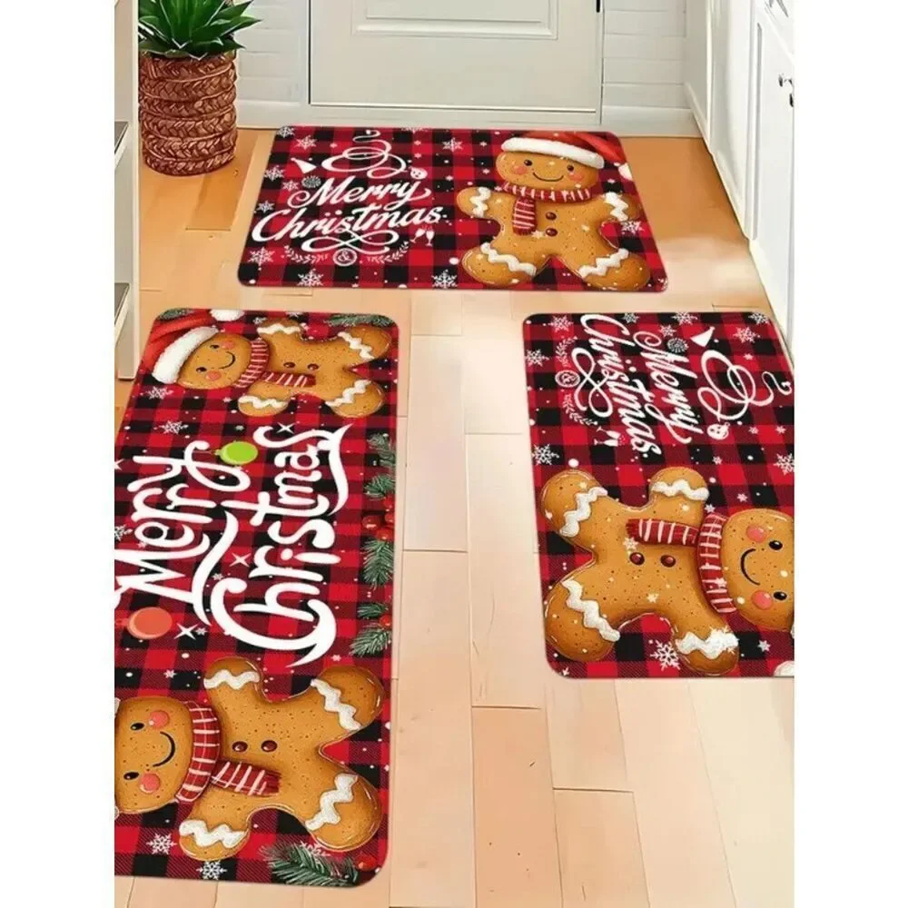 Set of 3 Festive Christmas Holiday Gingerbread Man Pattern Kitchen Mat Decor